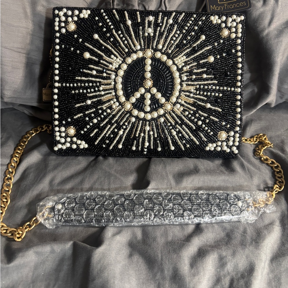 Mary Frances Peace Sign Beaded Clutch in Black and Gold, Brand New !